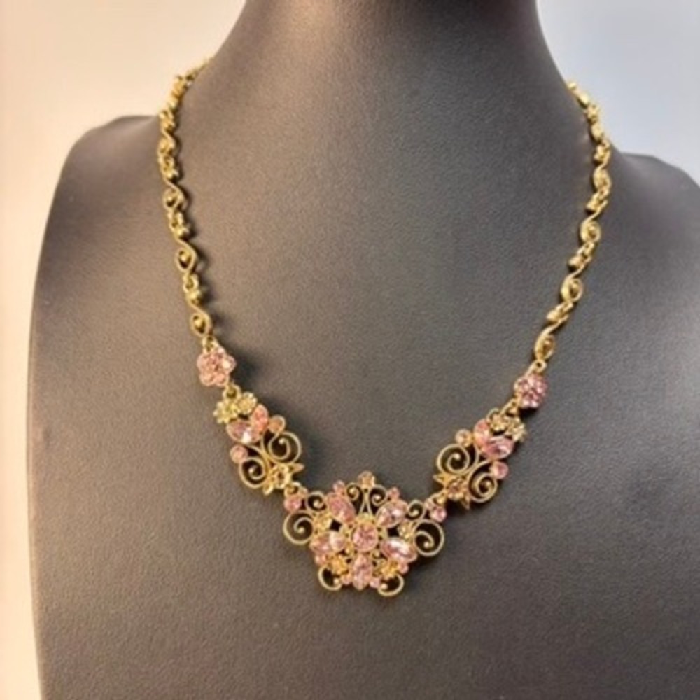 Floral Bib Necklace Gold Pink Rhinestone Filigree Boho Chic Whimsygoth Romantic